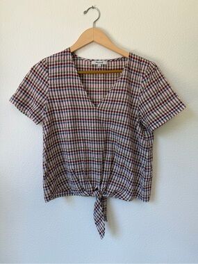 Madewell Plaid Tie-Front V-Neck Women's Top in Multi-Color